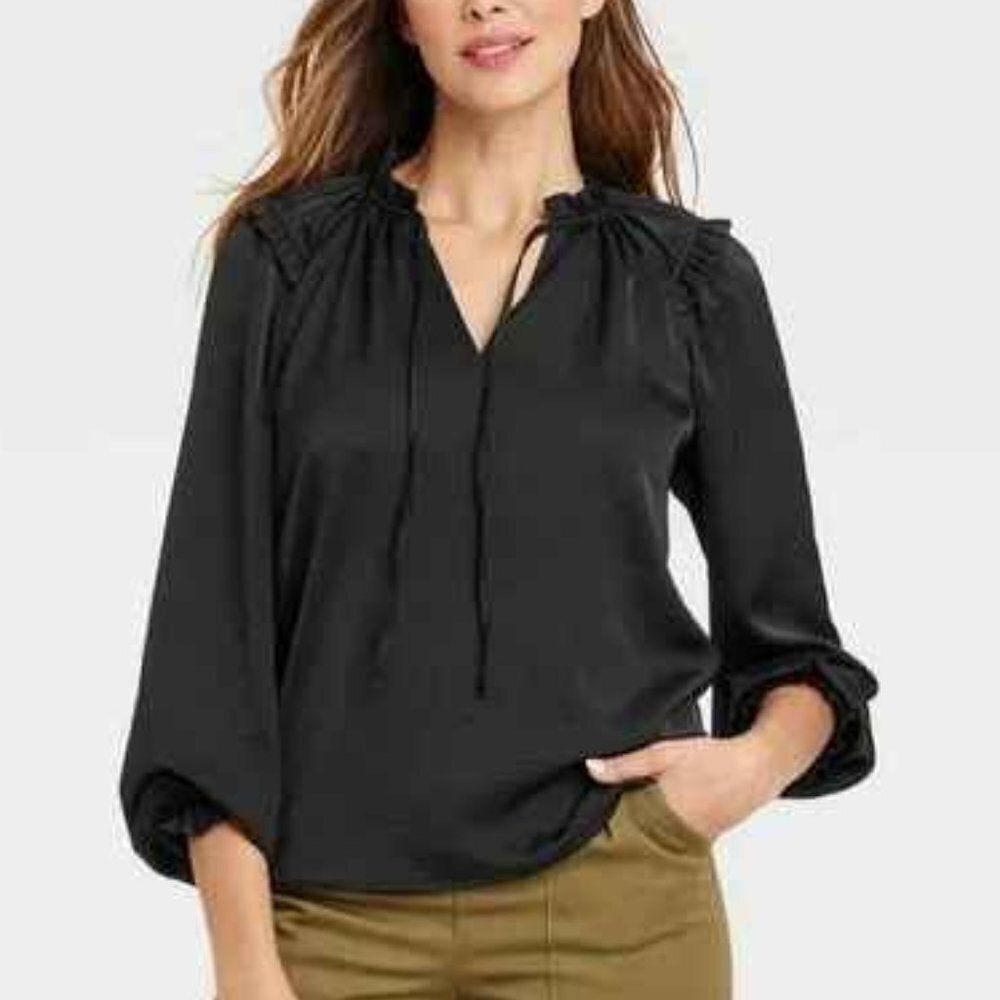 NEW Knox Rose Women's Long Sleeve Satin Top Black Medium